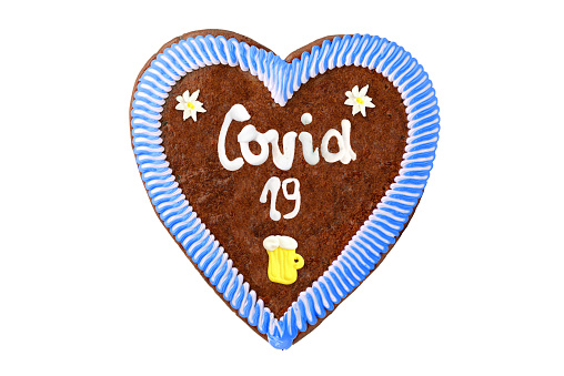 Beer Fest Gingerbread heart with Covid 19 word.