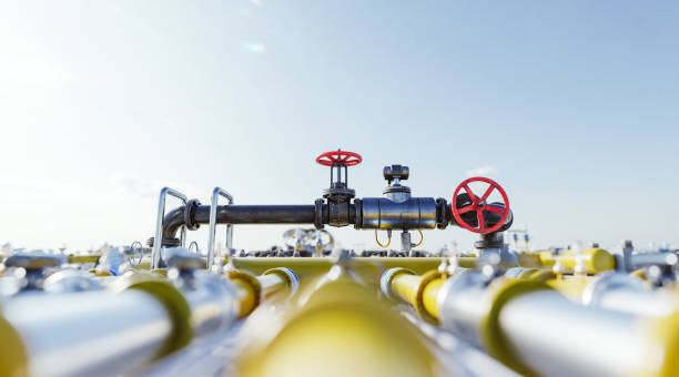 Gas tap with pipeline system at natural gas station. stock photo