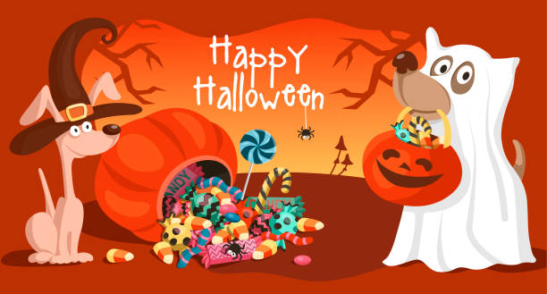 Two cute dogs in halloween costumes Two cute cartoon dogs in Halloween witch and ghost costumes. Trick or treat, happy Halloween. Vector illustration or postcard. dog in halloween hat of witch stock illustrations