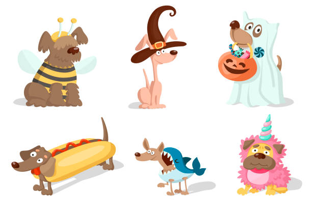süße cartoon-hunde in karnevalskostümen - wearing hot dog costume stock-grafiken, -clipart, -cartoons und -symbole