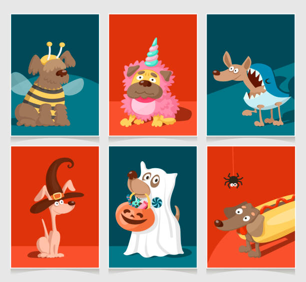 set von halloween-karten mit lustigen hunden in halloween-kostüme - wearing hot dog costume stock-grafiken, -clipart, -cartoons und -symbole