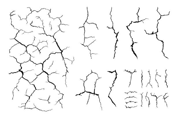 wiele linii pęknięć ziemi dla abstrakcyjnego tła na białym tle - crackle stock illustrations