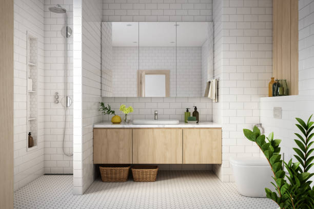 Modern Bathroom Interior stock photo Modern Bathroom Interior stock photo - 3d render wooden bathroom stock pictures, royalty-free photos & images