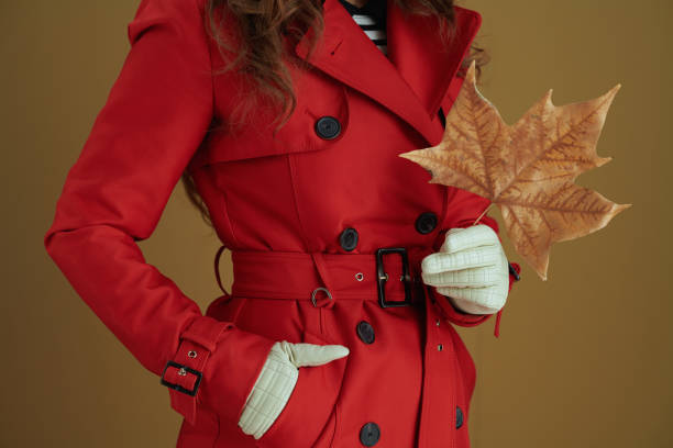 istock Closeup on woman in red coat on bronze background 1275104112