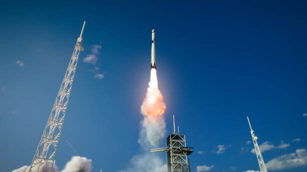 istock Shot of a Launch Pad Complex: Successful Rocket Launching with Crew on a Space Exploration Mission. Flying Spaceship Blasts Flames and Smoke on a Take-Off. Humanity in Space, Conquering Universe. 1275107197