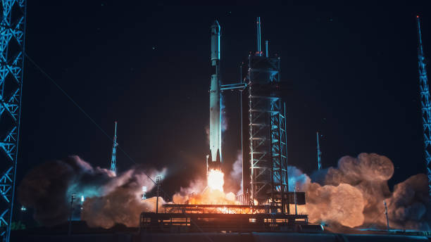 istock Launch Pad Complex: Successful Rocket Launching with Crew on a Space Exploration Mission. Flying Spaceship Blasts Flames and Smoke on a Take-Off. Humanity in Space, Conquering Universe 1275107202