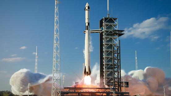 Shot of a Launch Pad Complex: Successful Rocket Launching with Crew on a Space Exploration Mission. Flying Spaceship Blasts Flames and Smoke on a Take-Off. Humanity in Space, Conquering Universe.