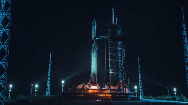 istock Launch Pad Complex: Successful Rocket Launching with Crew on a Space Exploration Mission. Flying Spaceship Blasts Flames and Smoke on a Take-Off. Humanity in Space, Conquering Universe 1275107428