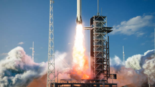 istock Shot of a Launch Pad Complex: Successful Rocket Launching with Crew on a Space Exploration Mission. Flying Spaceship Blasts Flames and Smoke on a Take-Off. Humanity in Space, Conquering Universe. 1275107529