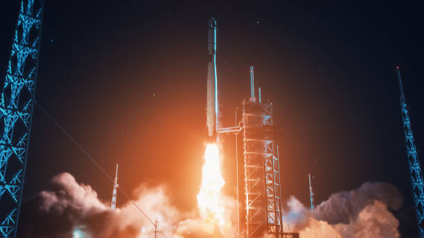 istock Launch Pad Complex: Successful Rocket Launching with Crew on a Space Exploration Mission. Flying Spaceship Blasts Flames and Smoke on a Take-Off. Humanity in Space, Conquering Universe 1275107729