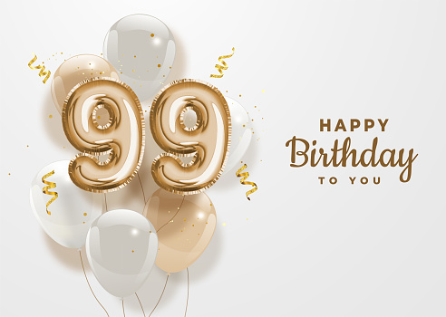 Happy 99th birthday gold foil balloon greeting background. 99 years anniversary logo template- 99th celebrating with confetti. Vector stock
