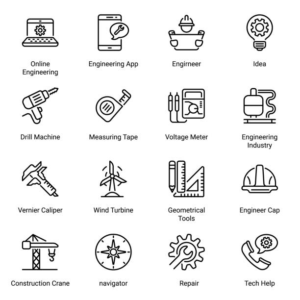 Engineering Engineering outline Icons - stroke, vector vernier calliper stock illustrations