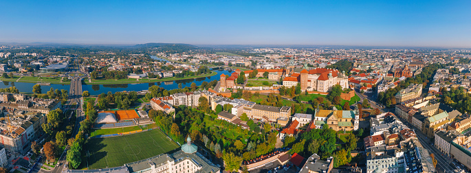 Aerial view of Krakow skyline in Poland