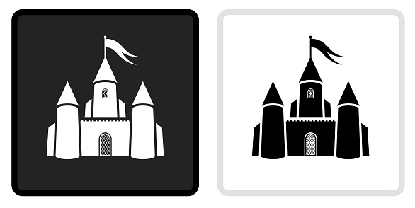 Castle Icon on  Black Button with White Rollover. This vector icon has two  variations. The first one on the left is dark gray with a black border and the second button on the right is white with a light gray border. The buttons are identical in size and will work perfectly as a roll-over combination.