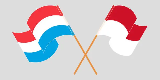 Vector illustration of Crossed and waving flags of Luxembourg and Indonesia