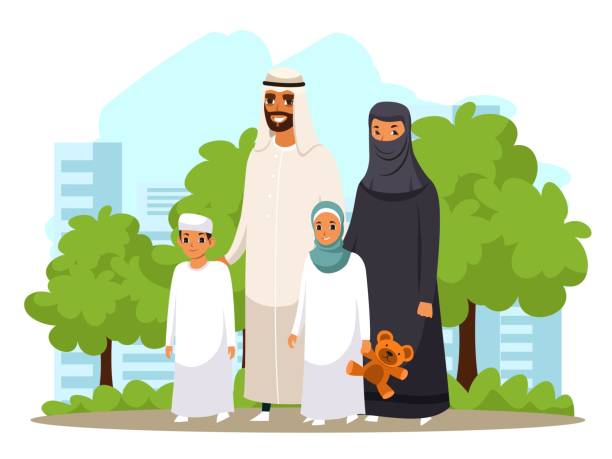 ilustrações, clipart, desenhos animados e ícones de família muçulmana árabe feliz ao ar livre no parque. homem árabe e mulher em hijab com crianças juntas sorrindo na natureza. vetor conceito de amor familiar. fundo com prédios na cidade - saudi arabia child ramadan offspring