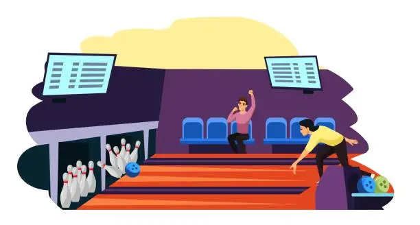 Vector illustration of Man throwing ball playing bowling. Guy throws ball on lane into tenpins and skittles. Recreation and hobby vector illustration. Night entertainment, fun leisure activity