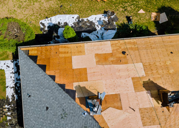 una tejas de clavos de techo con pistola de aire, reemplazando la protección de la cubierta del techo que se aplica - roof batten fotografías e imágenes de stock