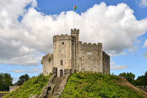 Cardiff, Wales - August 2020: The Norman keep in the grounds of cardiff Castle.