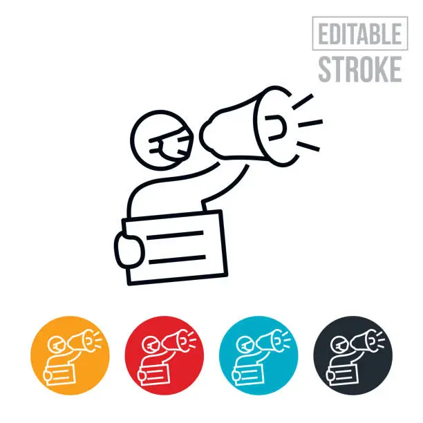 Vector illustration of Protester With Bullhorn and Sign Wearing Face Mask Thin Line Icon - Editable Stroke