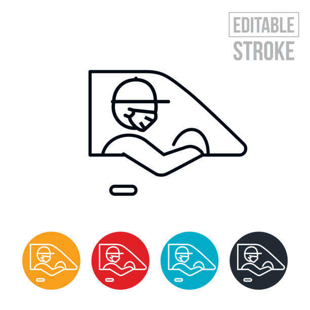 Delivery Driver Wearing Face Mask Driving Thin Line Icon - Editable Stroke An icon of a delivery driver wearing a face mask as he drives a vehicle. The icon includes editable strokes or outlines using the EPS vector file. uber driver stock illustrations
