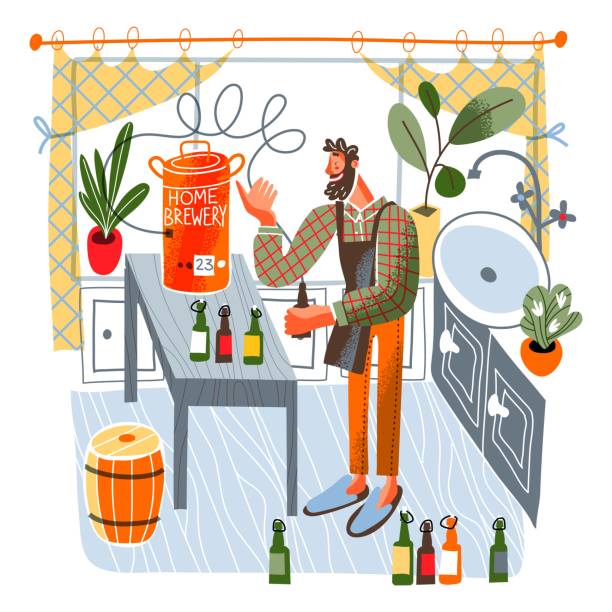 ilustrações de stock, clip art, desenhos animados e ícones de man brewing beer and putting in bottles at home. guy cooking beer in machine at house kitchen, preserving bottles in box. homemade summer products for storage vector illustration - food and drink fruit cartoon illustration and painting