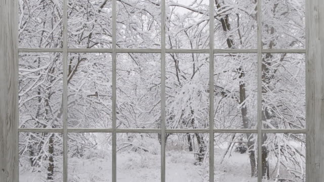 Slow motion snow falling outside the window