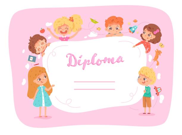 illustrations, cliparts, dessins animés et icônes de diplôme d’école ou de maternelle pour les enfants. certificat rose préscolaire de graduation ou de récompense. illustration vectorielle de modèle blanc de cadeau d’éducation. conception de document avec des enfants heureux - paper education preschool blank