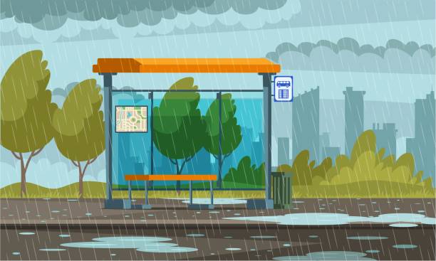 Empty bus stop in rainy weather background. Outdoor urban street in rain, pavement in puddles, sky with clouds. Public transport place vector illustration. Front view of busstop with map and sign Empty bus stop in rainy weather background. Outdoor urban street in rain, pavement in puddles, sky with clouds. Public transport place vector illustration. Front view of busstop with map and sign. road clipart stock illustrations