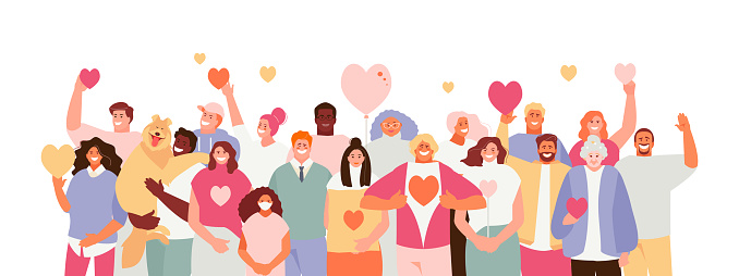 Large crowd of people volunteer with hearts in their hands. Volunteer day concept vector illustration banner