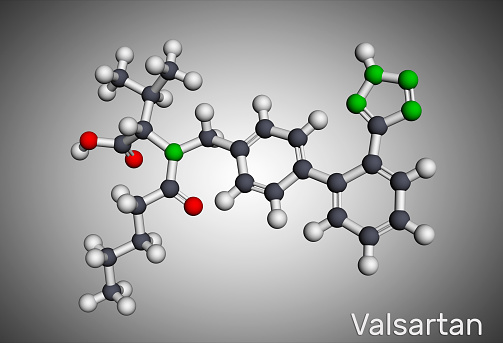 Valsartan molecule. It is used to treat high blood pressure, heart failure. Molecular model. 3D rendering
