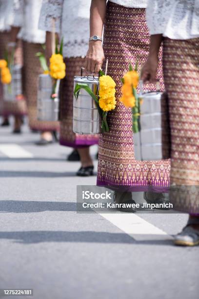Thailand People Walking To Temple In Buddhist Holy Day For Offering Some Food Pinto To Monk Stock Photo - Download Image Now