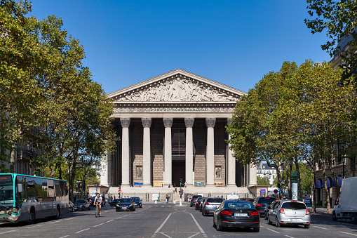 Paris, France - September 21 2020: The church of La Madeleine is located on Place de la Madeleine in the 8th arrondissement of Paris. It is a perfect illustration of the neoclassical architectural style with its octostyle portico.