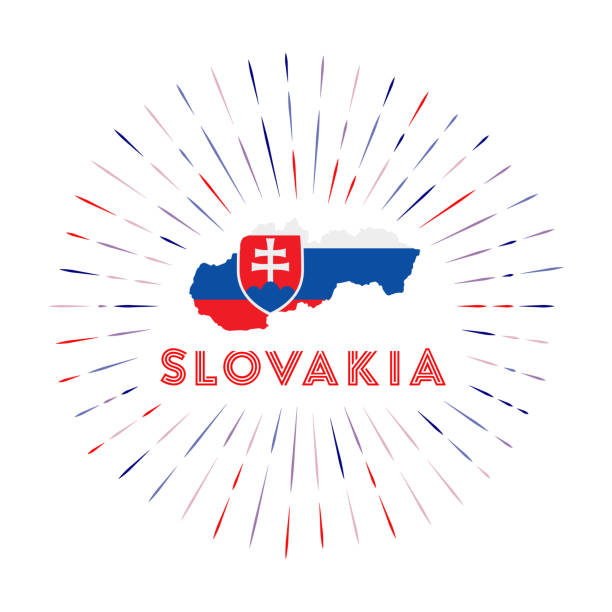 Slovakia sunburst badge. Slovakia sunburst badge. The country sign with map of Slovakia with Slovak flag. Colorful rays around the logo. Vector illustration. slovak language stock illustrations
