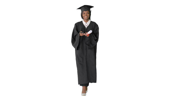 istock Smiling African American female graduate with diploma texting on 1275235584