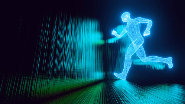 Man runs in colorful surroundings. His body is made of a grid pattern. Concept of computer simulation,  artificial intelligence and big data.