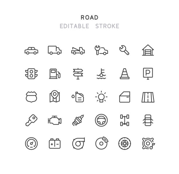 30 road line icons editable stroke - car brake vehicle part part of stock-grafiken, -clipart, -cartoons und -symbole