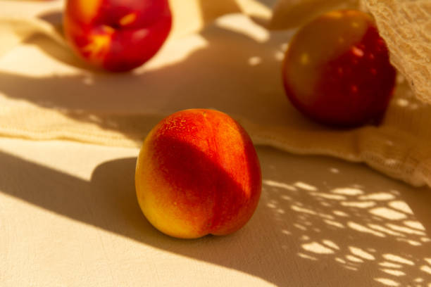 istock Fresh juicy nectarines in a cotton bag on a white background 1275237473