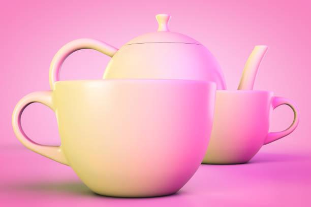 istock Tea set in pink style. Two mugs and a kettle. 1275239947