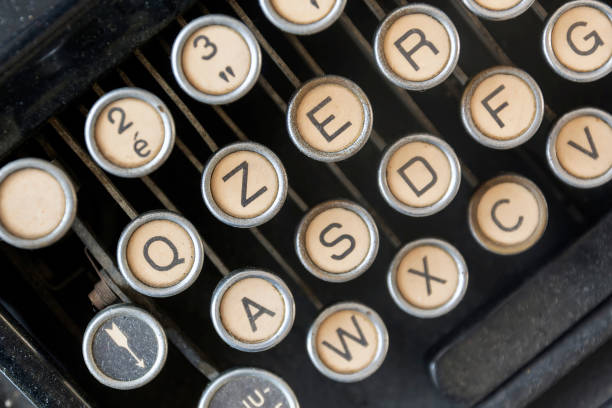 macro of the word DYSTOPIAN with old typewriter hammers