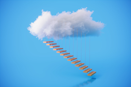 Stairs rising to the clouds, symbolizing success, career growth, individuality concepts. (3d render)