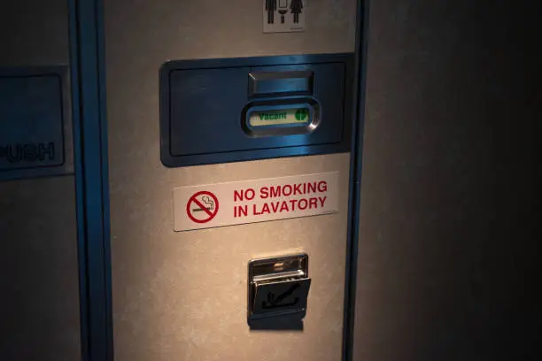 Photo of Door of Vacant lavatory in airplane with No smoking sign, close up