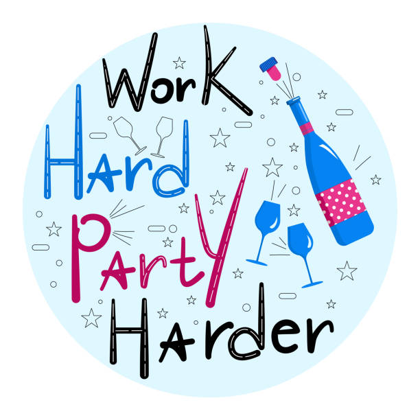 ilustrações, clipart, desenhos animados e ícones de work hard party letras mais duras com garrafa de champanhe e taças de vinho, stemware. celebração, convite de aniversário. - cork champagne isolated celebration