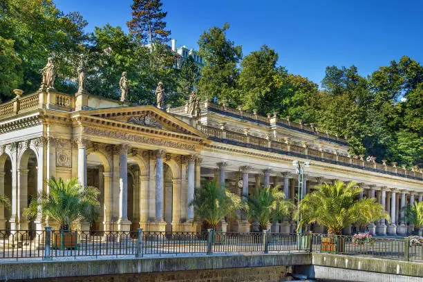 Mill Colonnade is a large colonnade containing several hot springs in the spa town of Karlovy Vary., Czech; republic