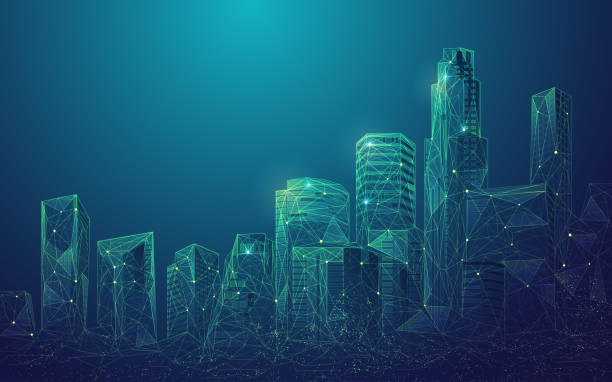 polyCity concept of digital city or smart city, graphic of polygonal buildings with futuristic element city stock illustrations