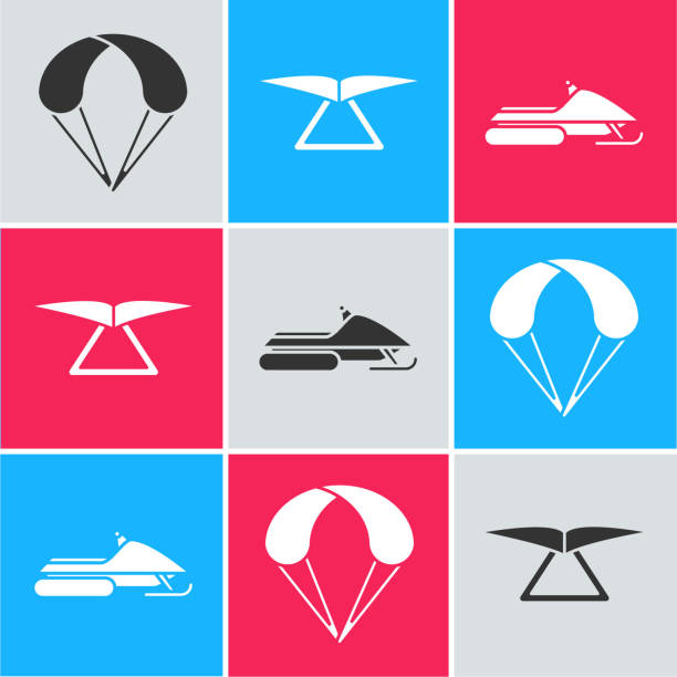 낙하산, 행 글라이더 및 스노모빌 아이콘을 설정합니다. 벡터 - parachute parachuting skydiving silhouette stock illustrations