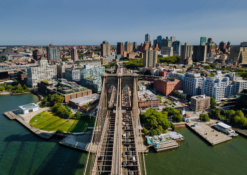 Pulaski Bridge in Long Island City with the view of Astoria, Roosevelt Island and remote Queensboro Bridge and Upper East Side Manhattan.