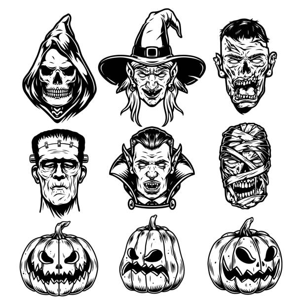 halloweenowe postacie vintage set - frankenstein stock illustrations