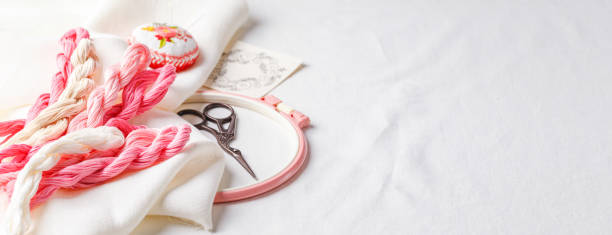 istock Embroidery set. Linen fabric, embroidery patterns, embroidery hoop, colorful threads and needls. 1275335463