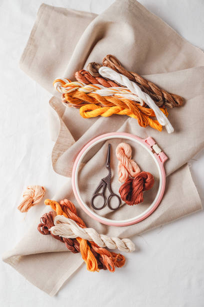 istock Embroidery set. Linen fabric, embroidery patterns, embroidery hoop, colorful threads and needls. 1275335481